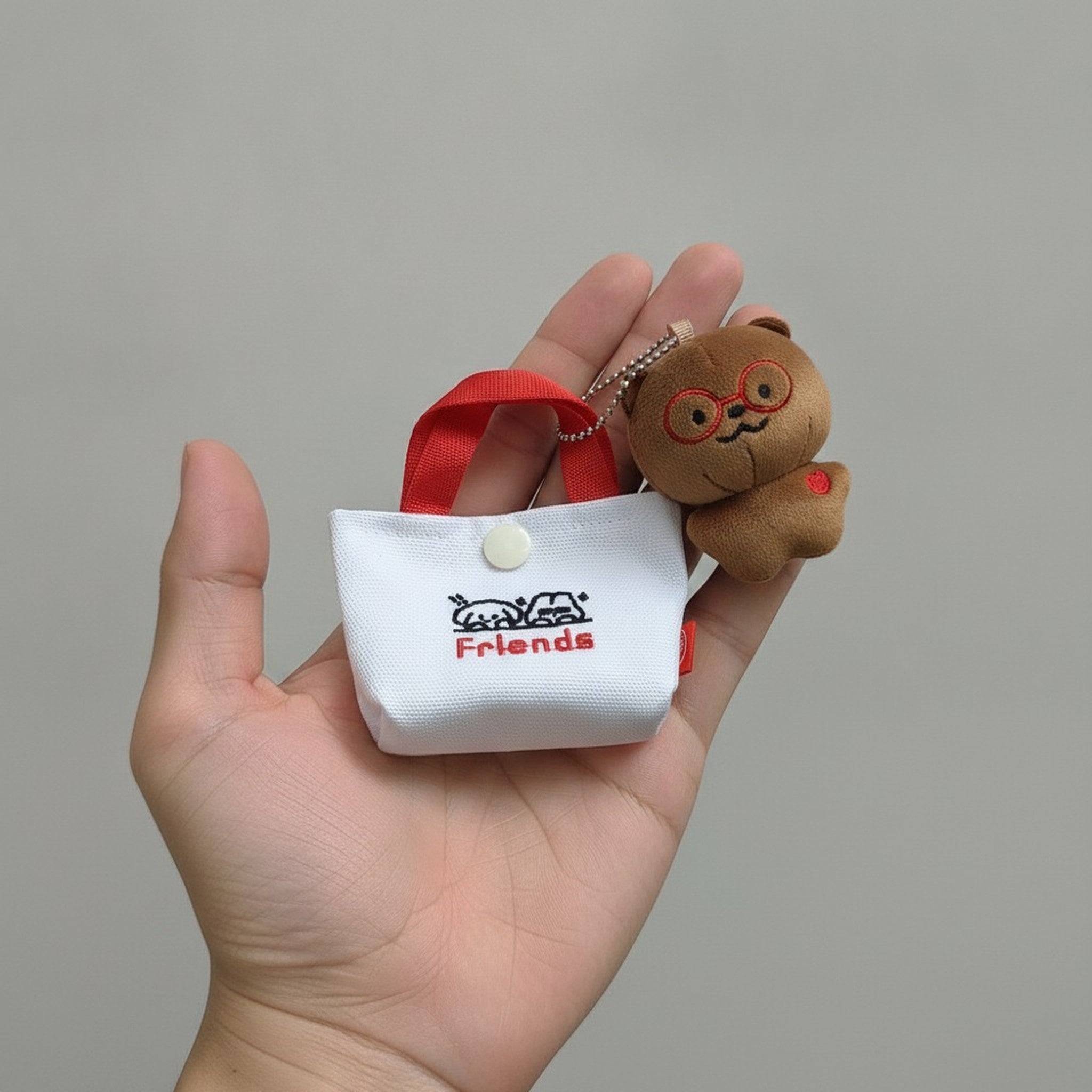 White Embroidered Friends Canvas Mini Bag Pendant with Bear Keychain