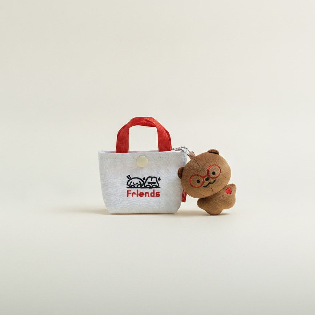 White Embroidered Friends Canvas Mini Bag Pendant with Bear Keychain