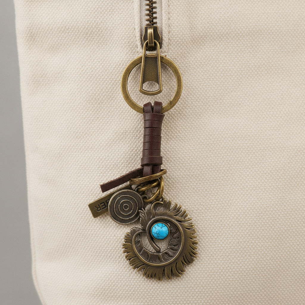 Handwoven Leather Feather Keychain Punk Bag Charm - Coffee – novelty & toys (view 3)