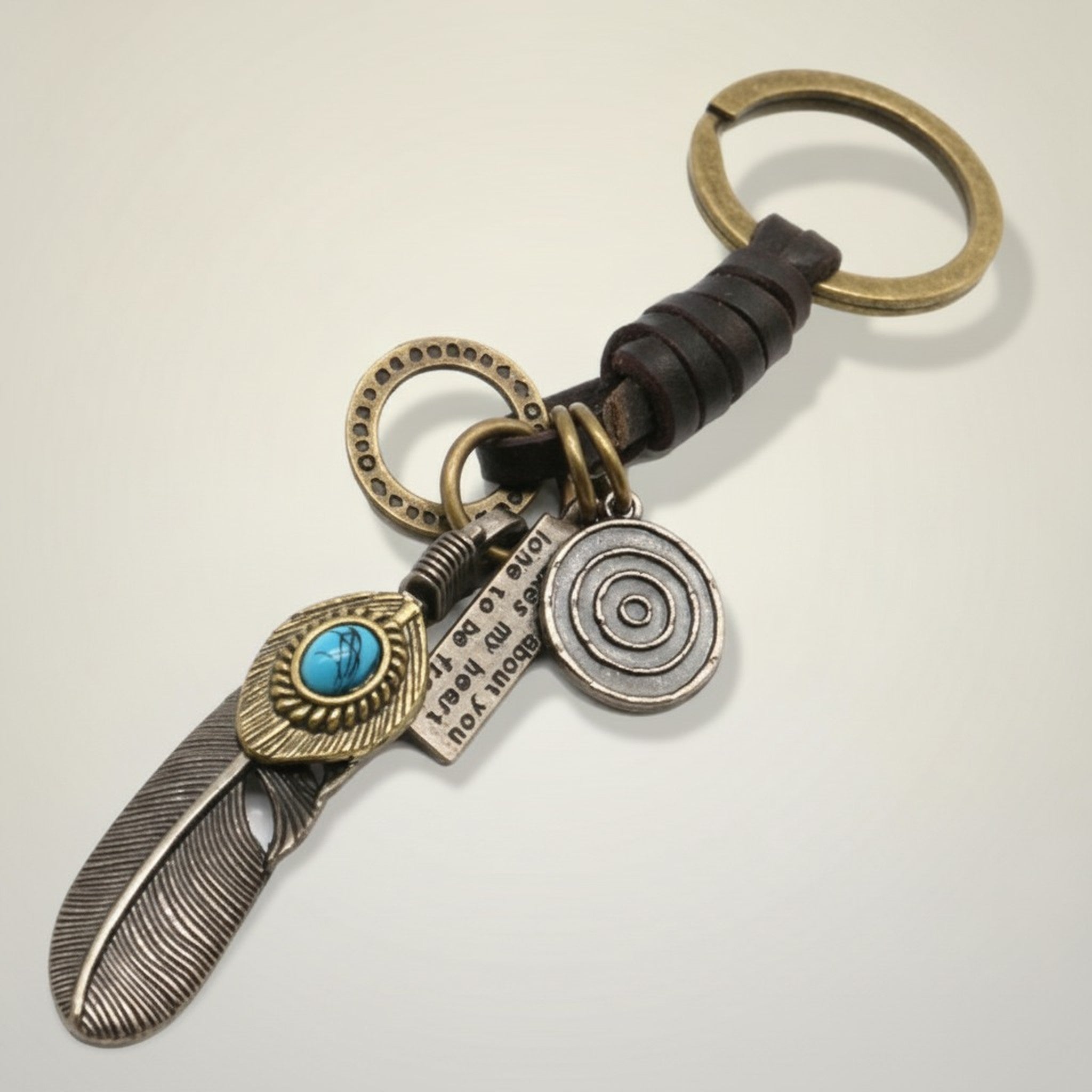 Boho Feather Charm Leather Keychain – apparel accessories (view 1)