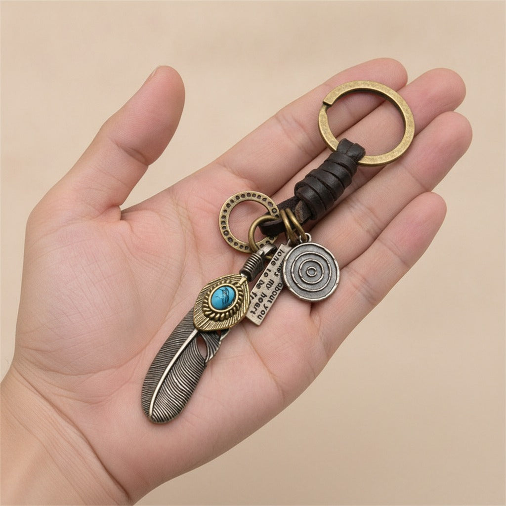 Boho Feather Charm Leather Keychain – apparel accessories (view 3)