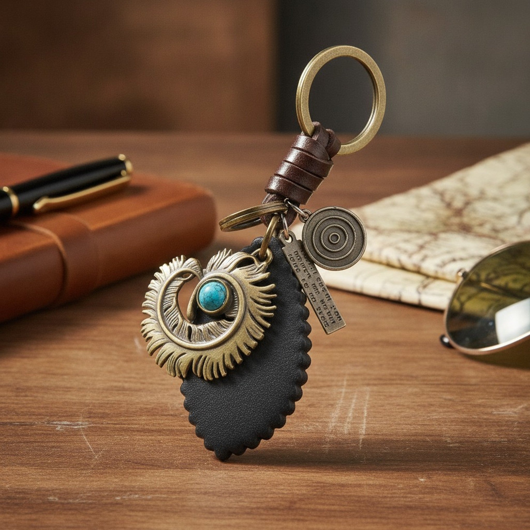 Vintage Feather Turquoise Leather Keychain Charm – bags & wallets (view 2)