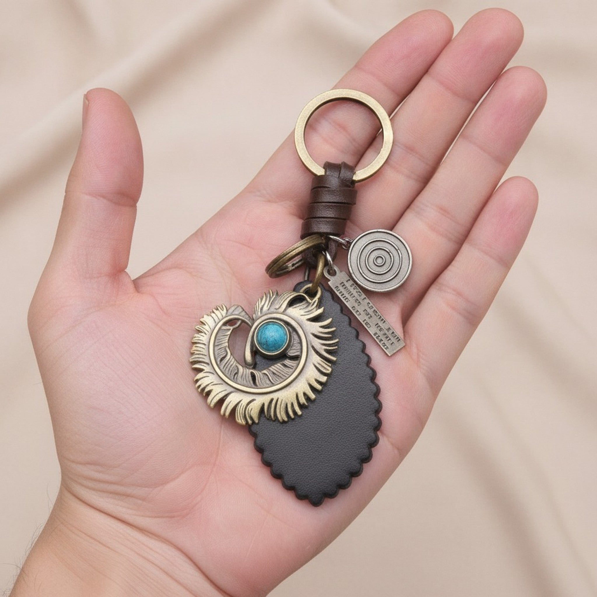 Vintage Feather Turquoise Leather Keychain Charm – bags & wallets (view 3)