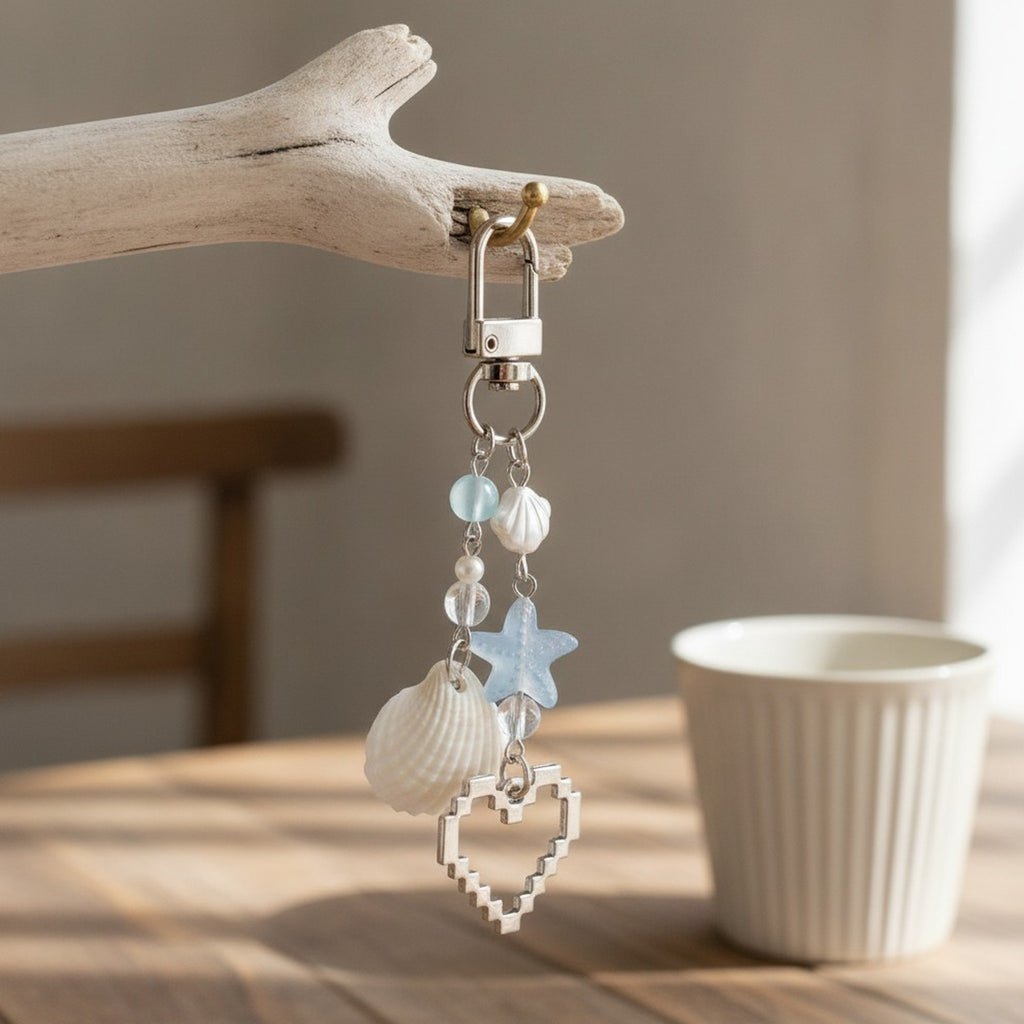 Seashell Starfish Pixel Heart Charm Keychain – apparel accessories (view 2)