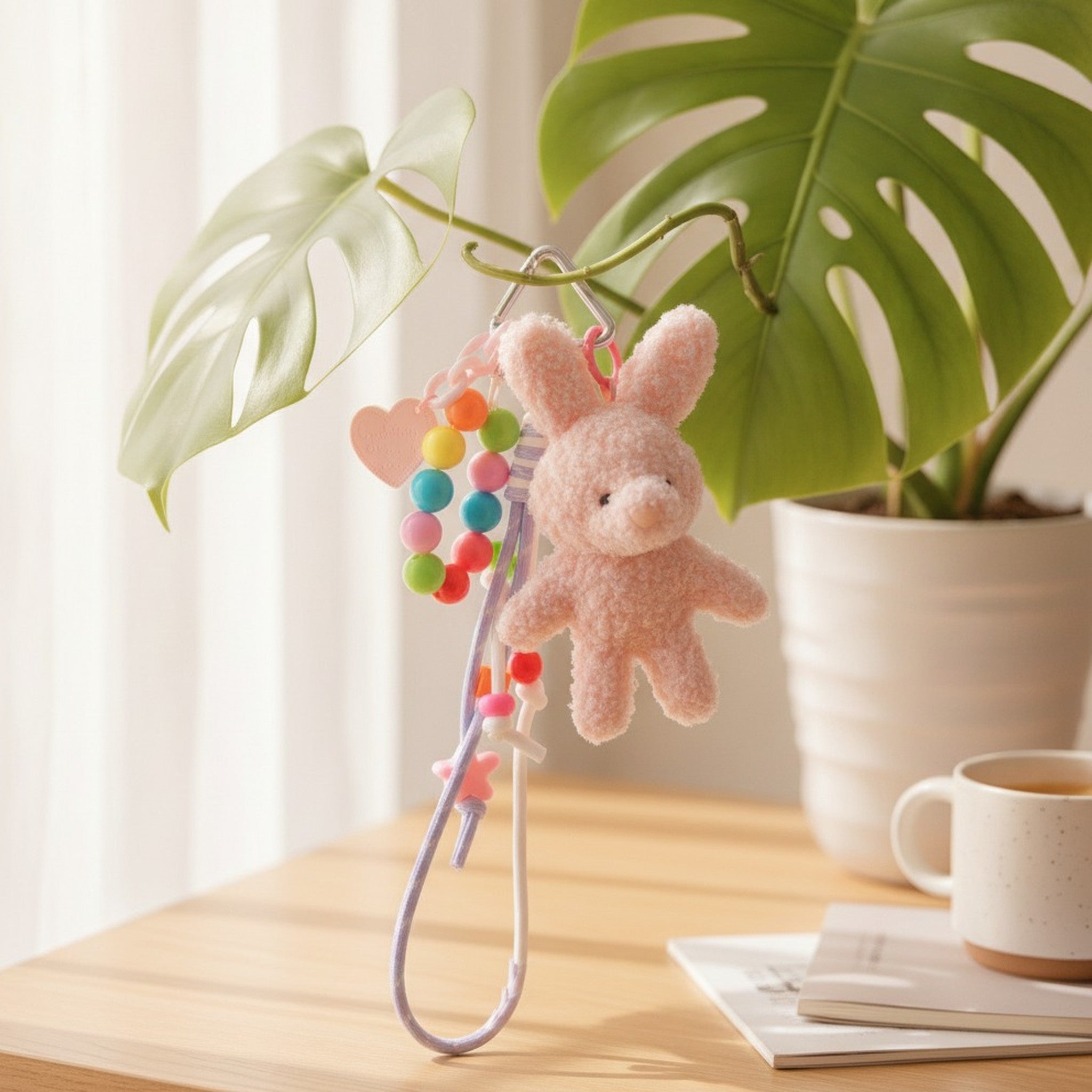 Cute Fluffy Bunny Keychain with Colorful Lanyard – apparel accessories (view 2)