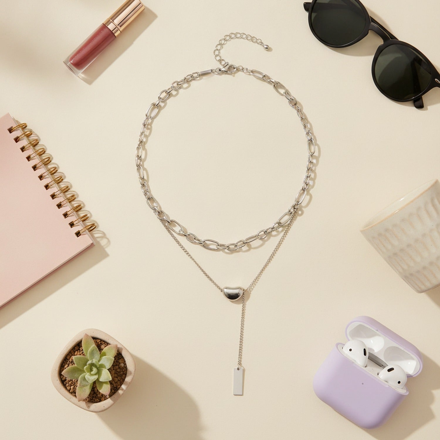 Silver Layered Chain Pendant Necklace