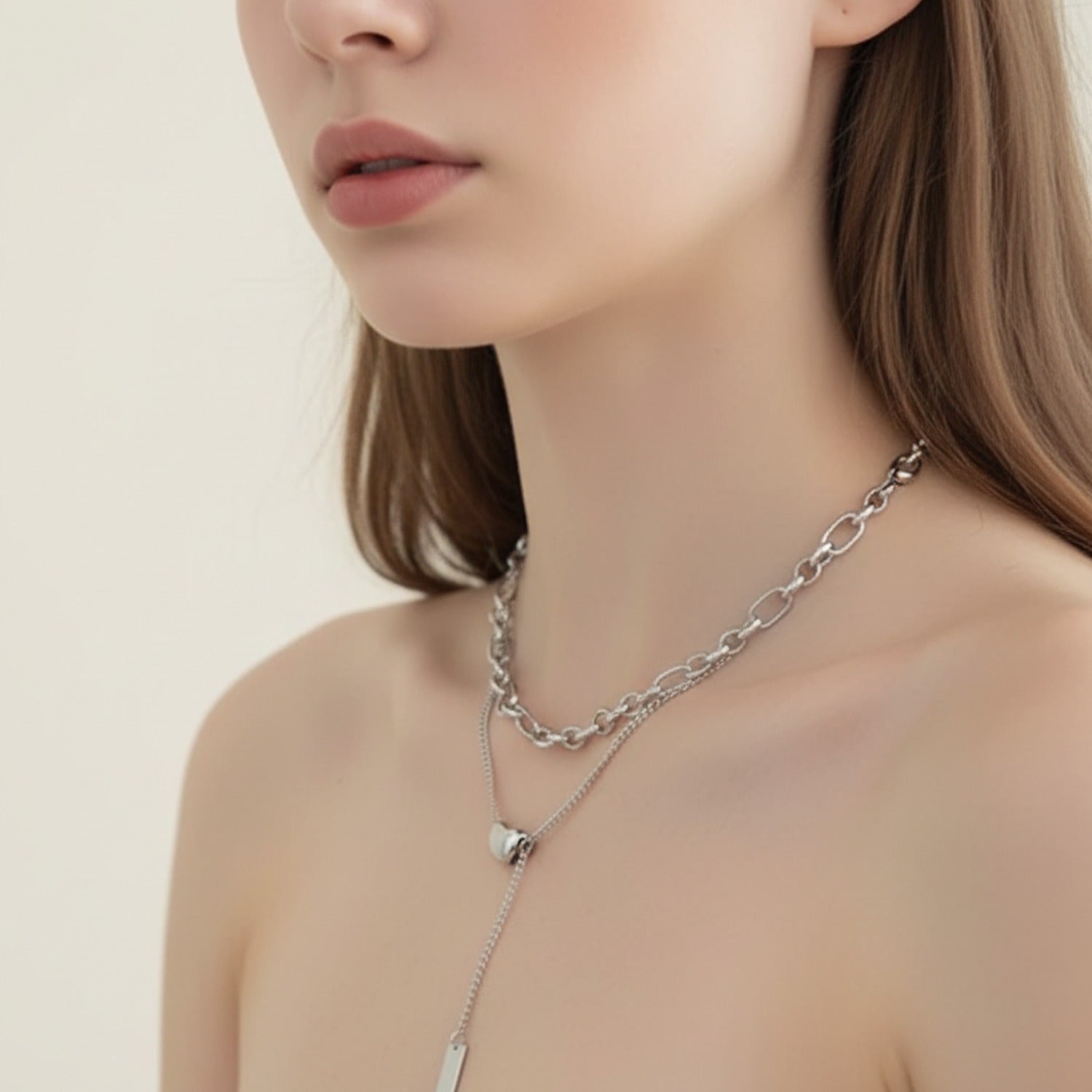 Silver Layered Chain Pendant Necklace