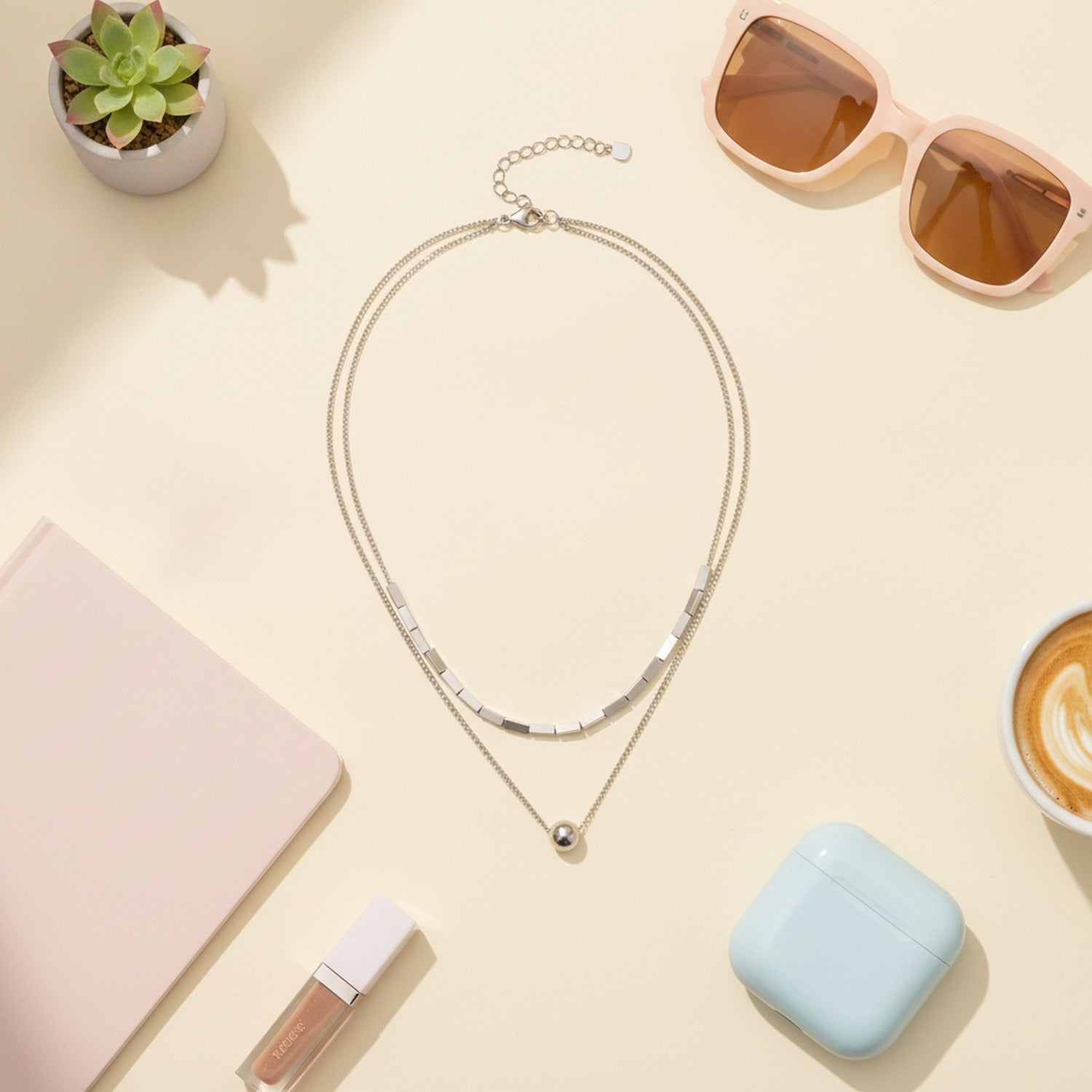 Silver Layered Chain Necklace With Sphere Pendant