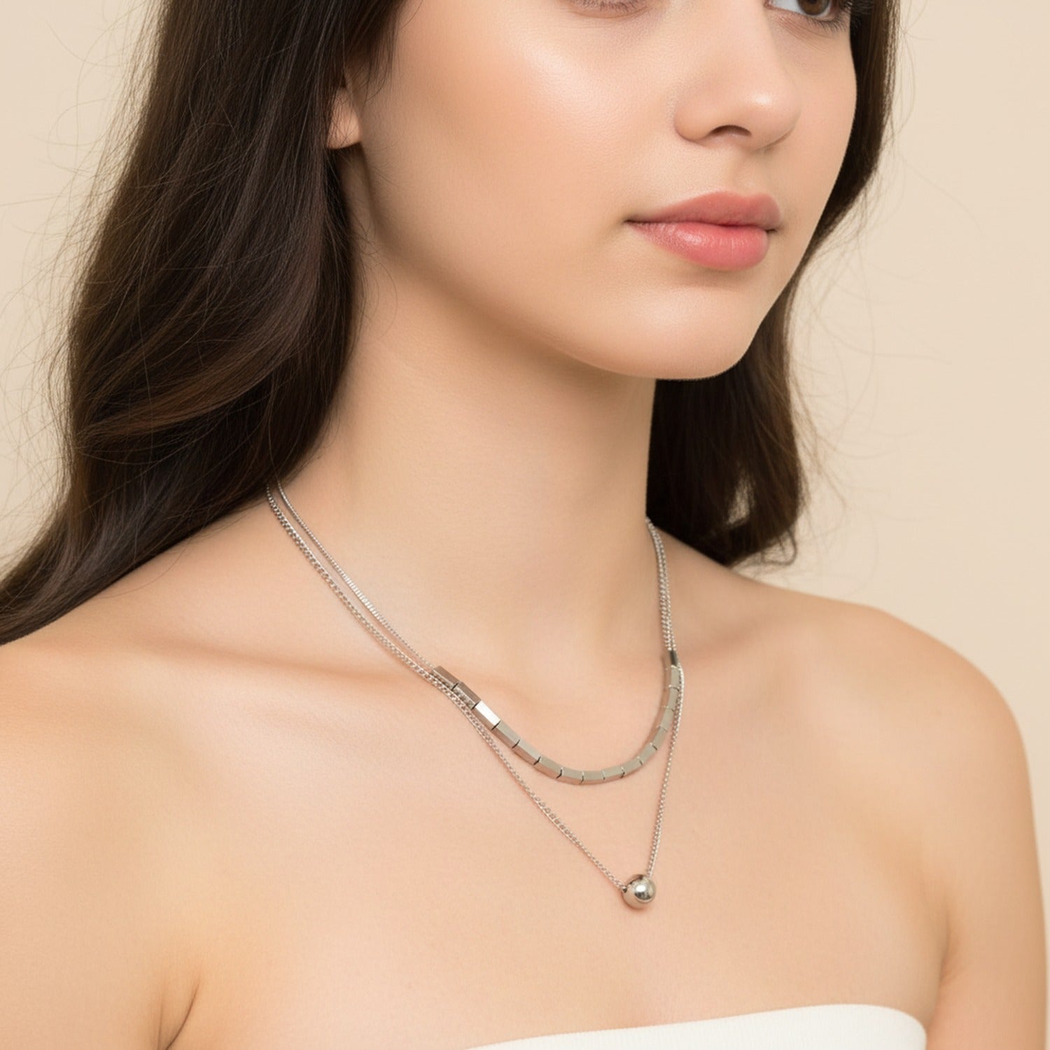 Silver Layered Chain Necklace With Sphere Pendant