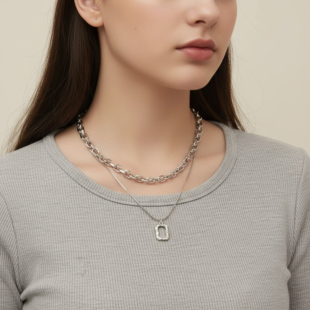 Silver Layered Chain Pendant Necklace