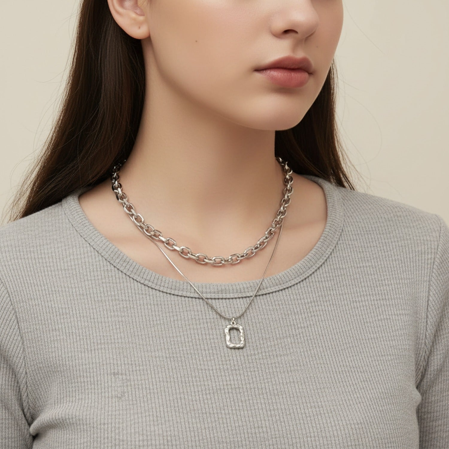 Silver Layered Chain Pendant Necklace