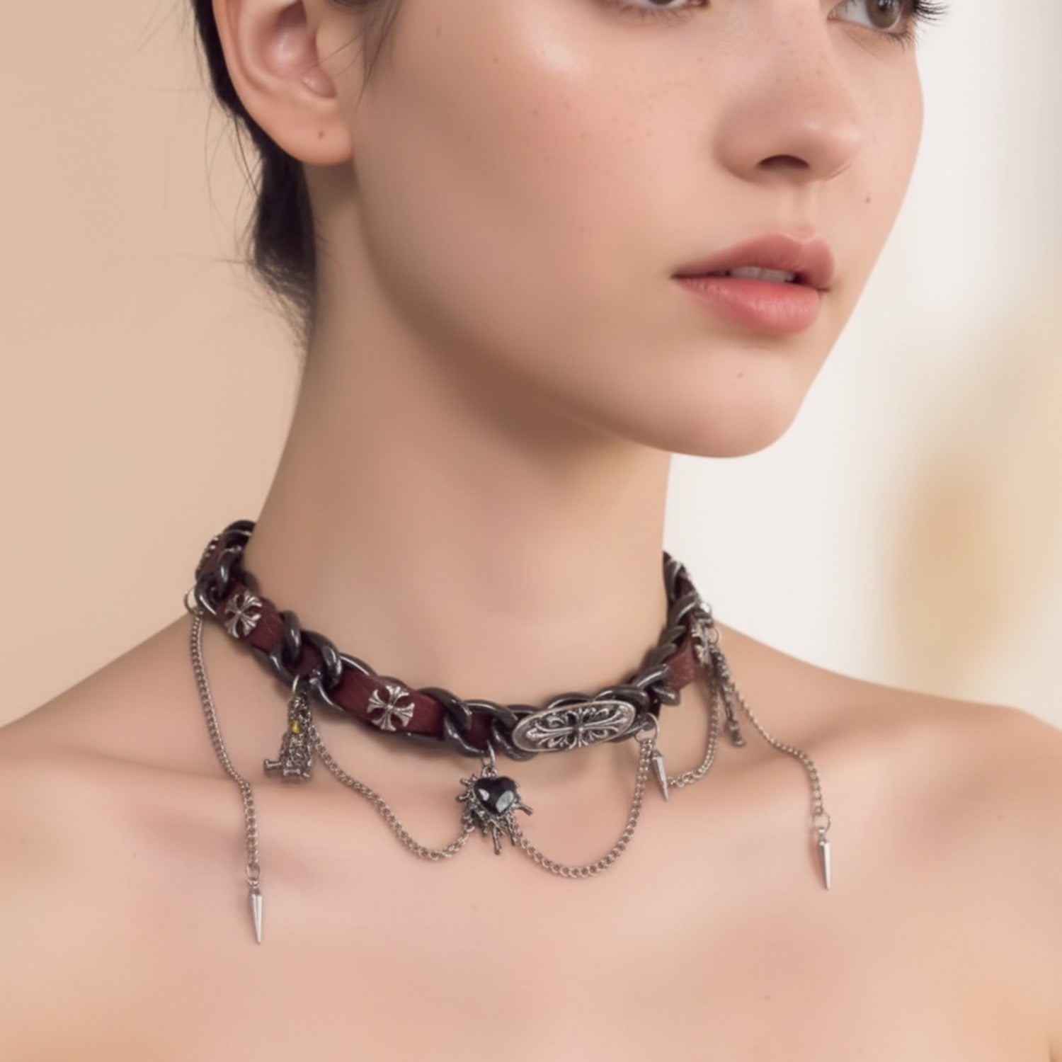 Burgundy Leather Chain Spike Charm Choker Necklace