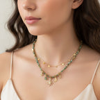 Green Beaded Charm Necklace Set with Star Moon Pendants