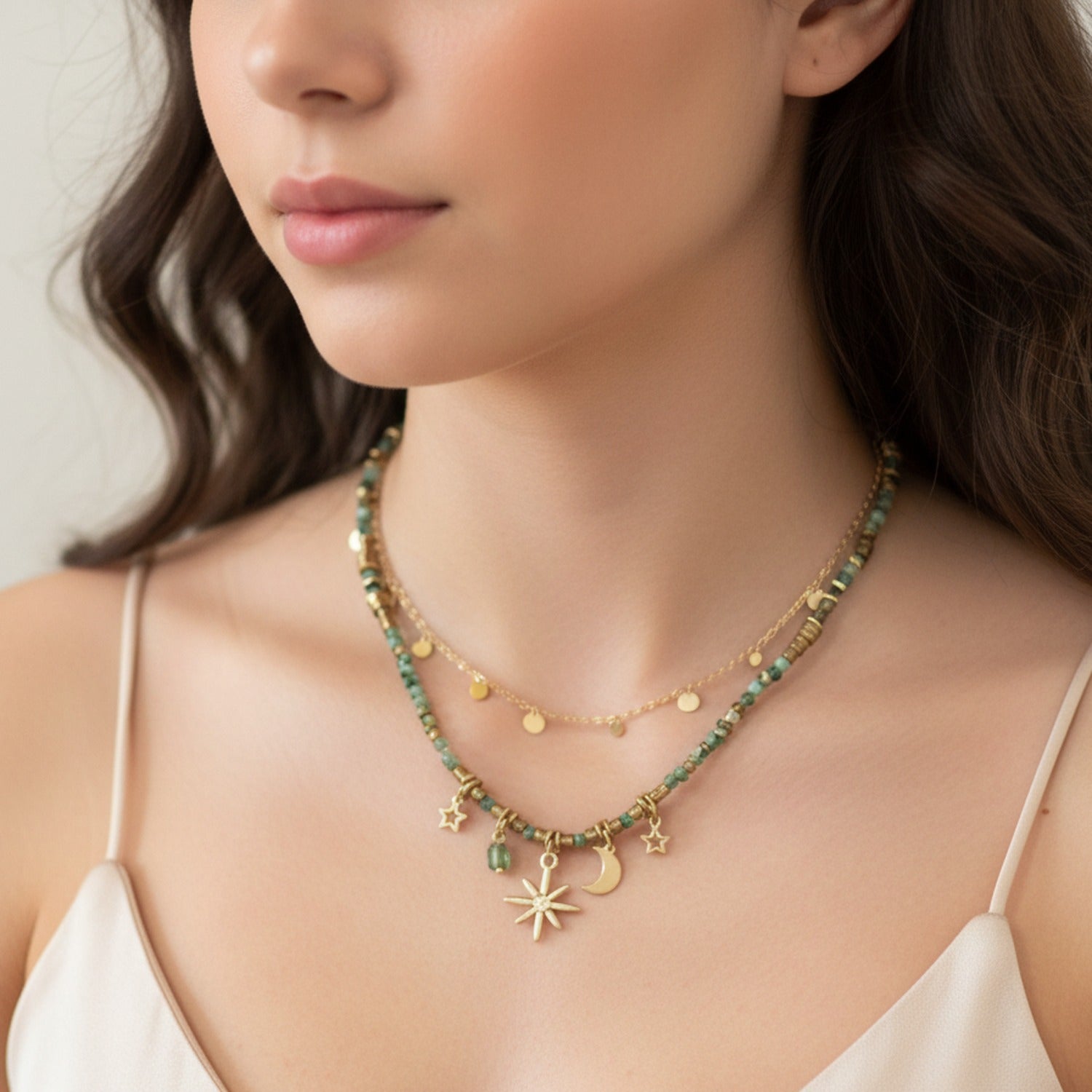 Green Beaded Charm Necklace Set with Star Moon Pendants