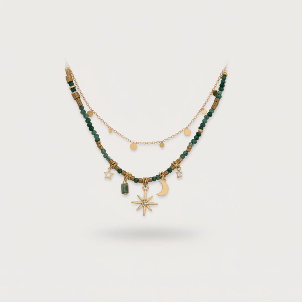 Green Beaded Charm Necklace Set with Star Moon Pendants – jewelry (view 1)