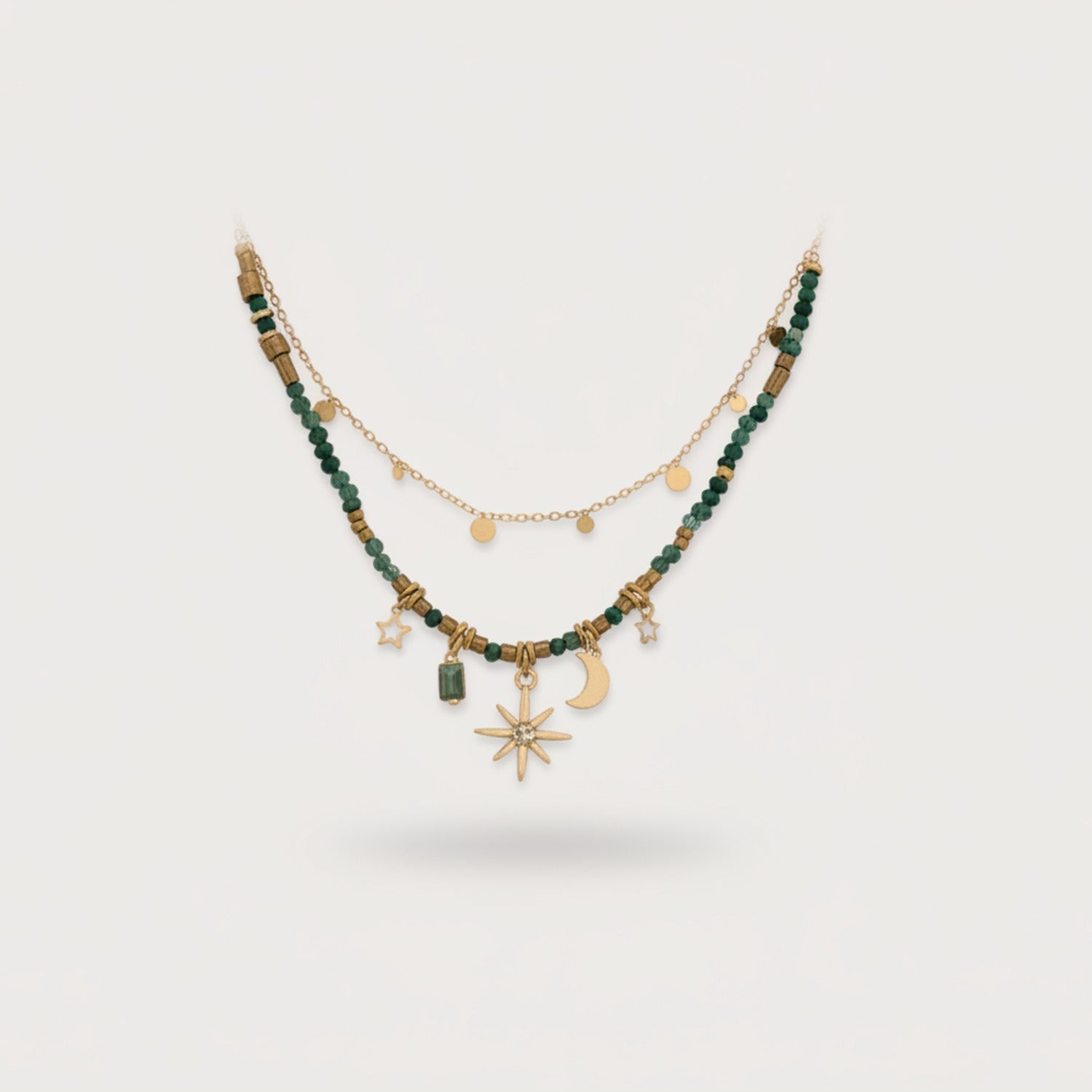 Green Beaded Charm Necklace Set with Star Moon Pendants