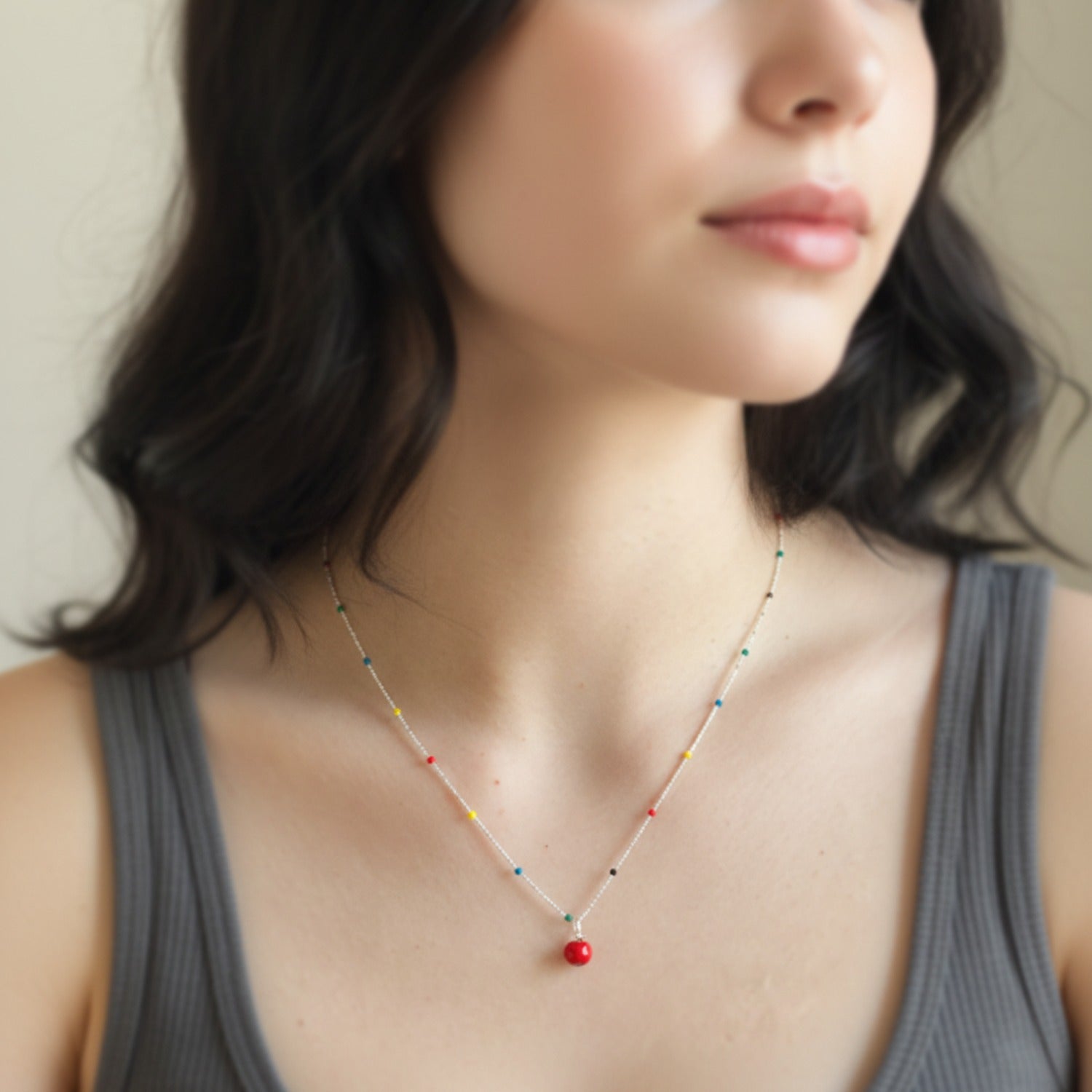 Colorful Beaded Pendant Necklace with Red Charm