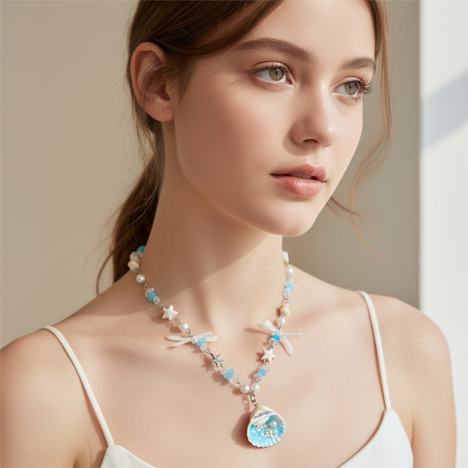 Blue Shell Pearl Beaded Charm Necklace