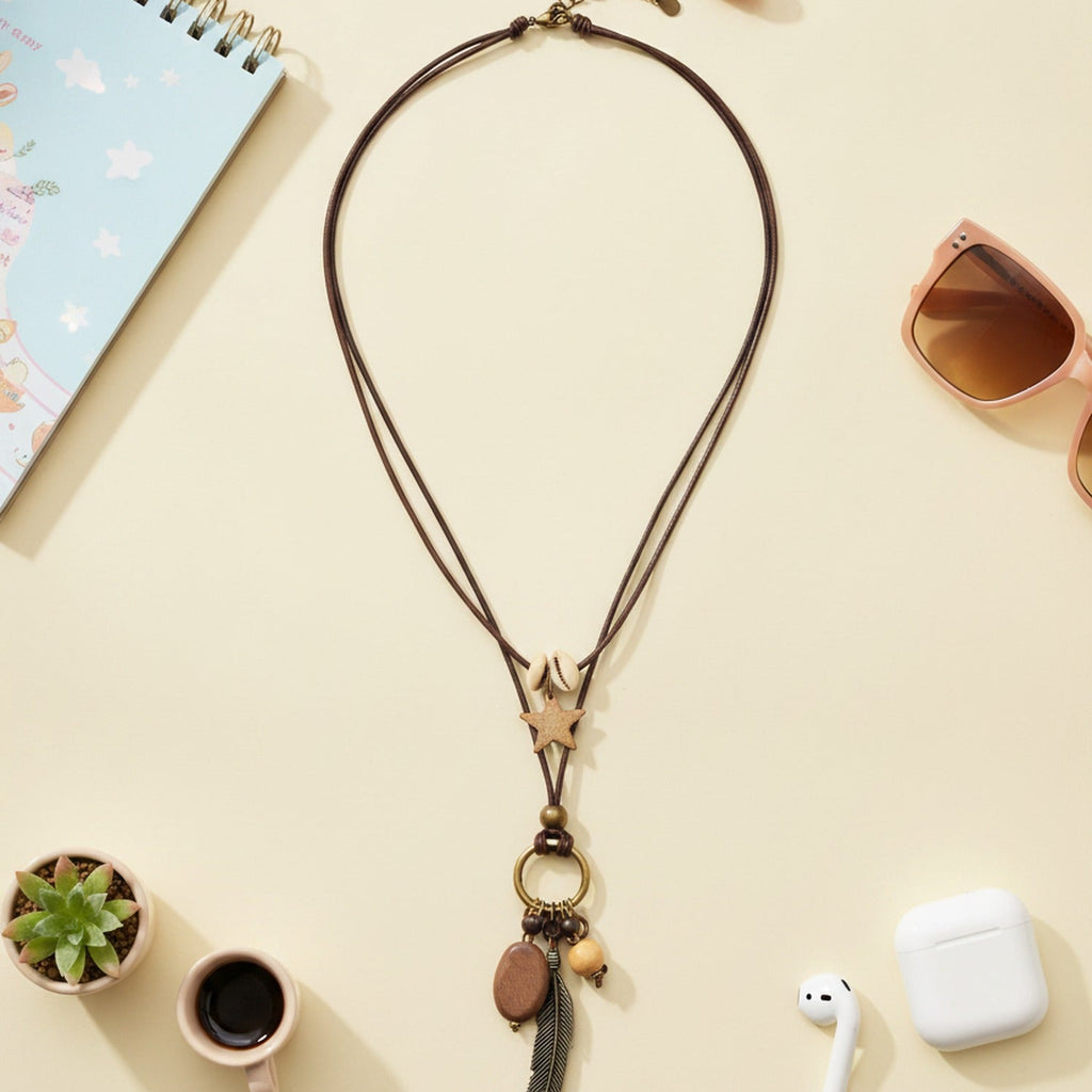 Beaded Pearl Charm Pendant Necklace - Bronze Star Feather