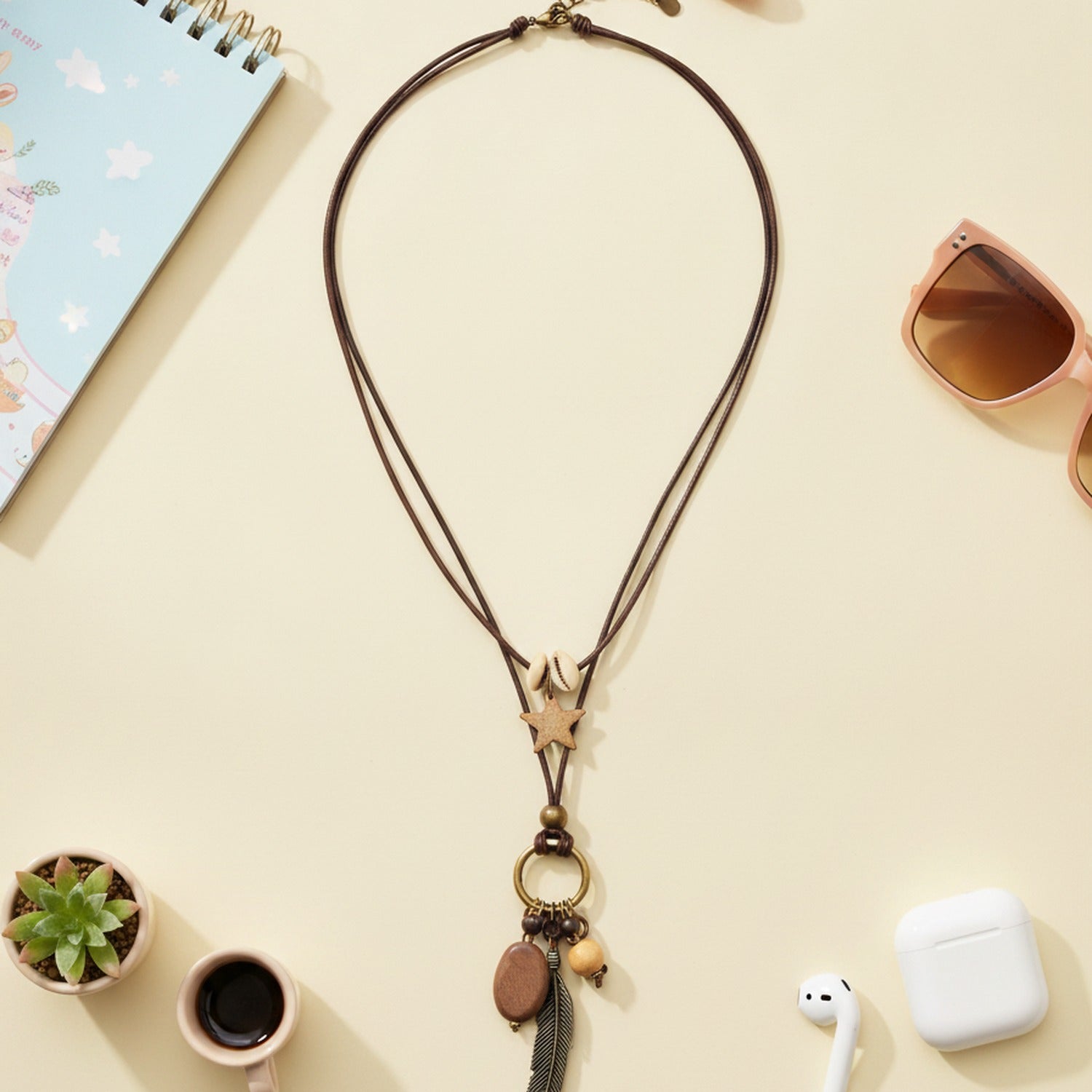 Beaded Pearl Charm Pendant Necklace - Bronze Star Feather