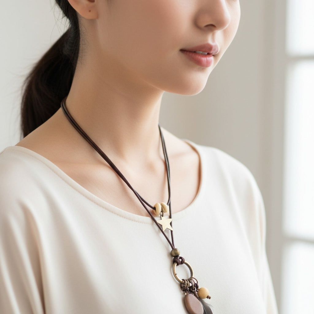 Beaded Pearl Charm Pendant Necklace - Bronze Star Feather