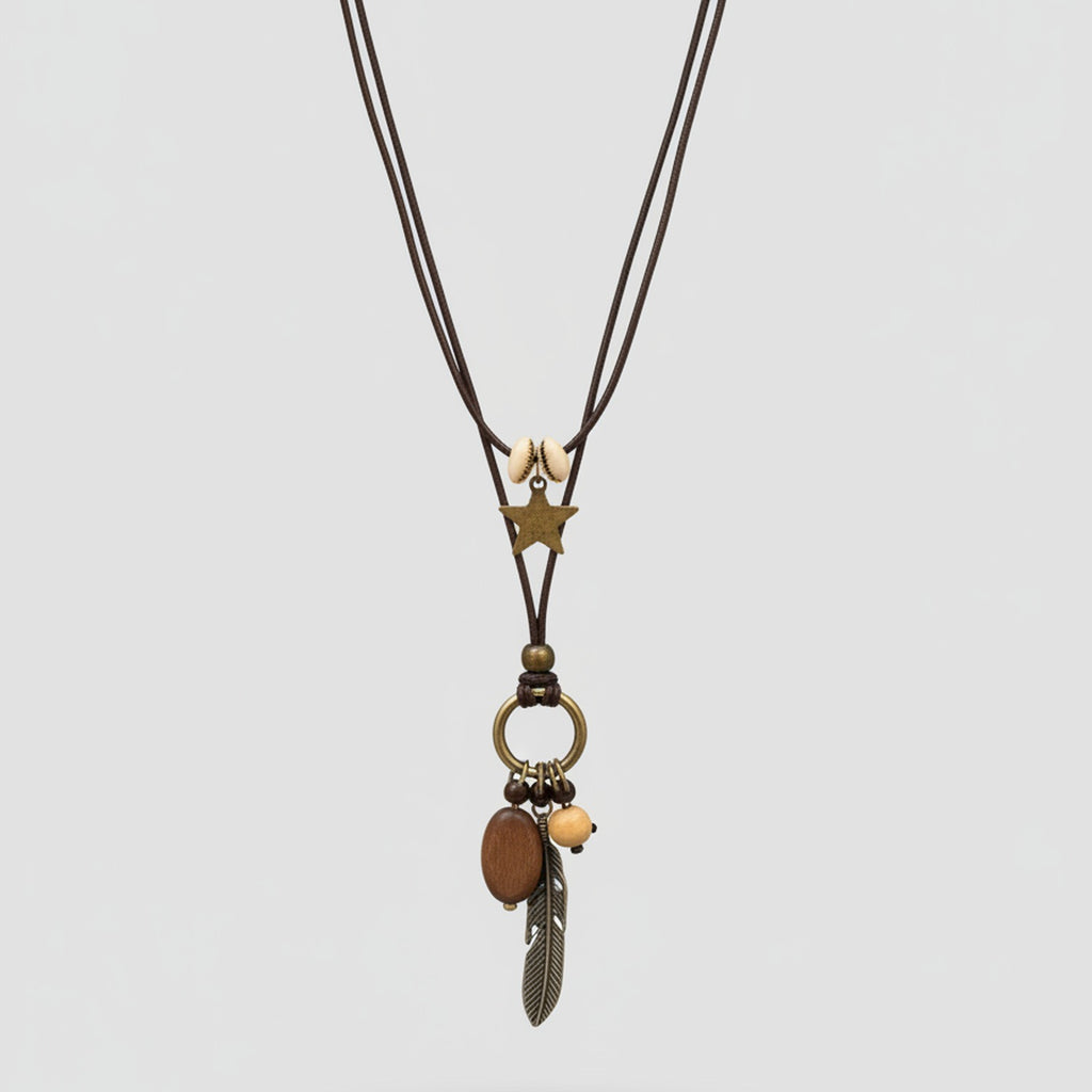Beaded Pearl Charm Pendant Necklace - Bronze Star Feather – jewelry (view 1)
