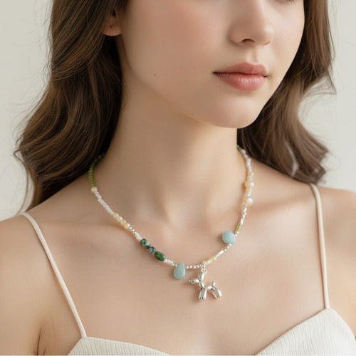 Beaded Pearl Charm Pendant Necklace - Aqua Pearl Charm #2