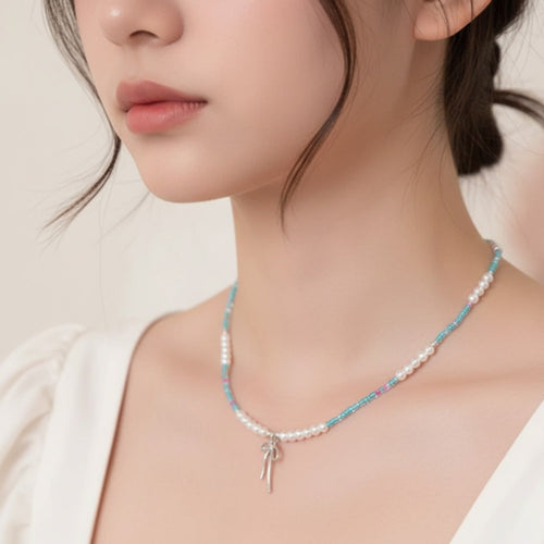Beaded Pearl Charm Pendant Necklace - Pearl & Aqua Mix