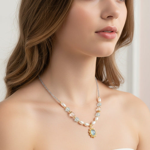 Beaded Pearl Charm Pendant Necklace - Aqua Pearl Charm