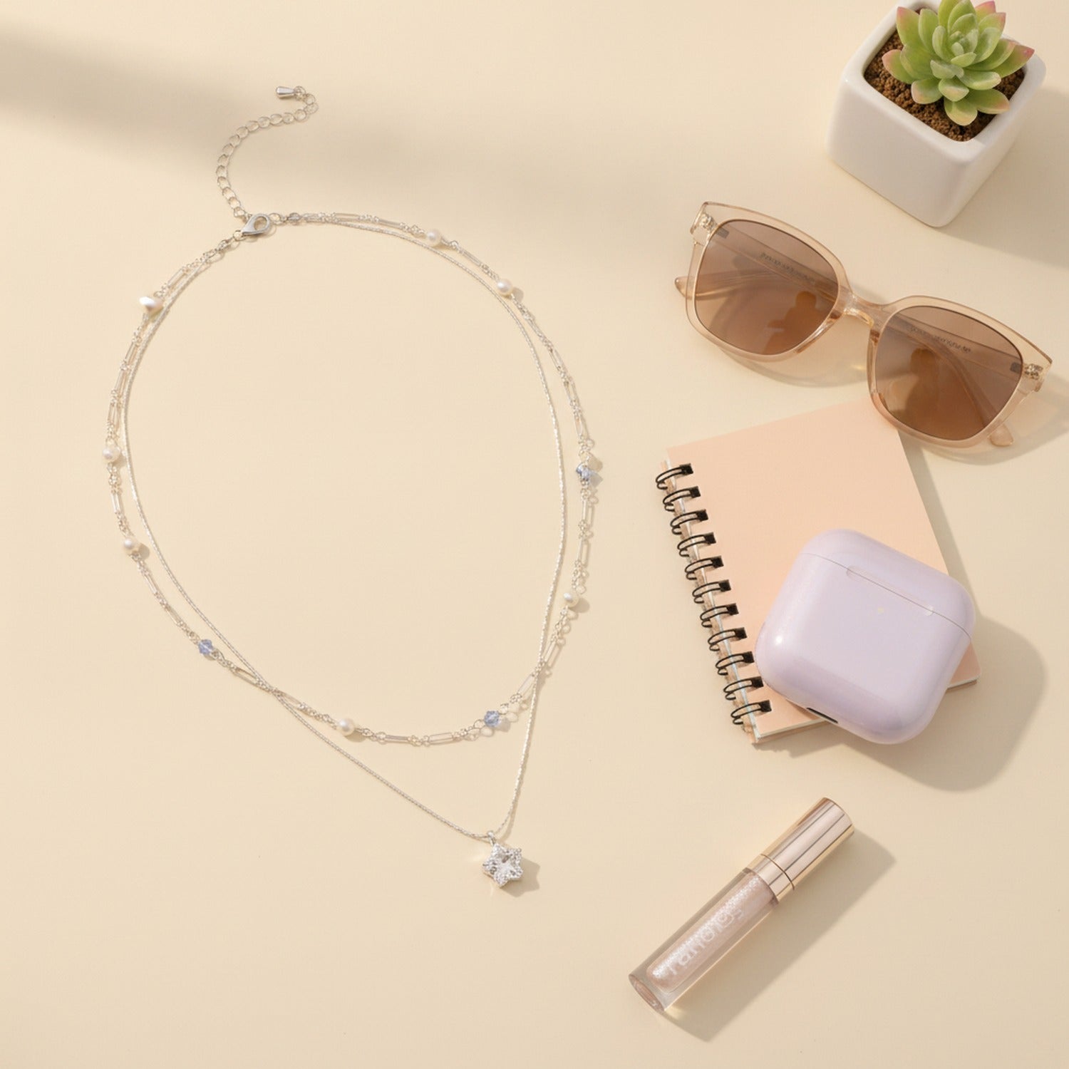 Silver Star Layered Necklace With Pearls And Blue Beads