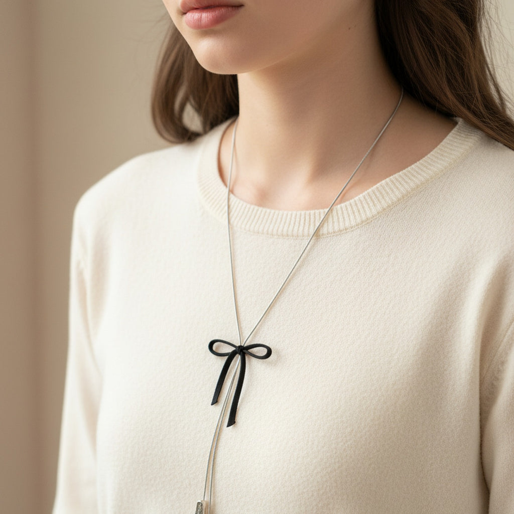Silver Lariat Necklace With Black Bow