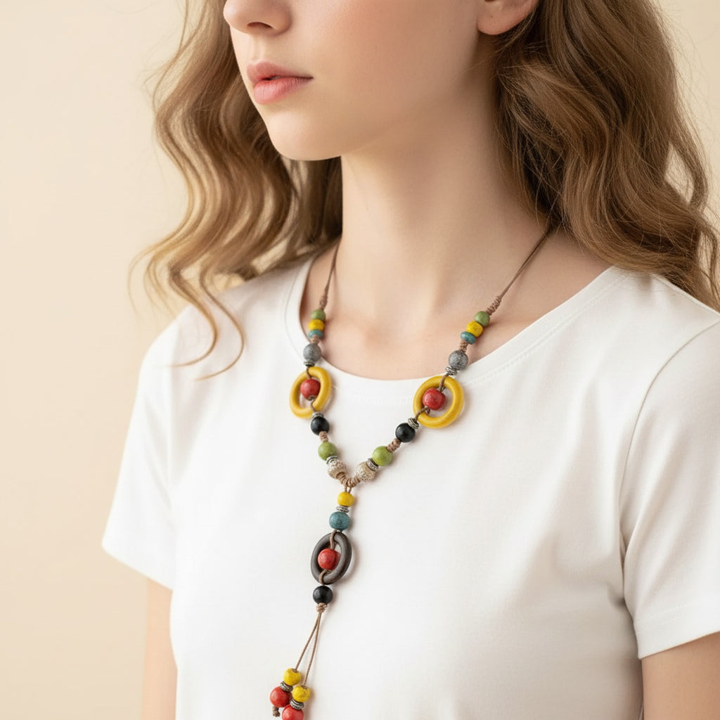 Beaded Pendant Necklace With Colorful Stone Charms