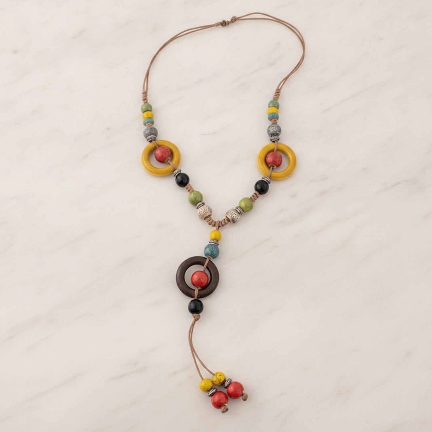 Beaded Pendant Necklace With Colorful Stone Charms