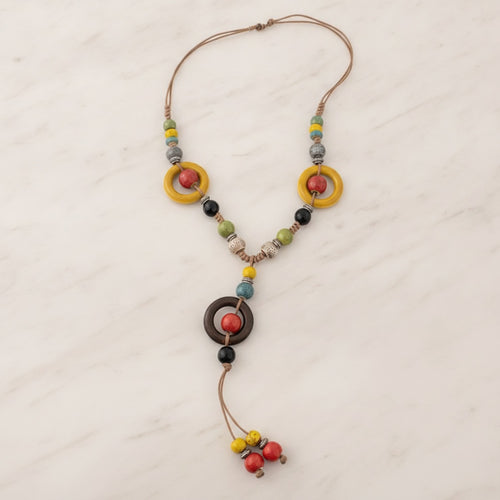 Beaded Pendant Necklace With Colorful Stone Charms
