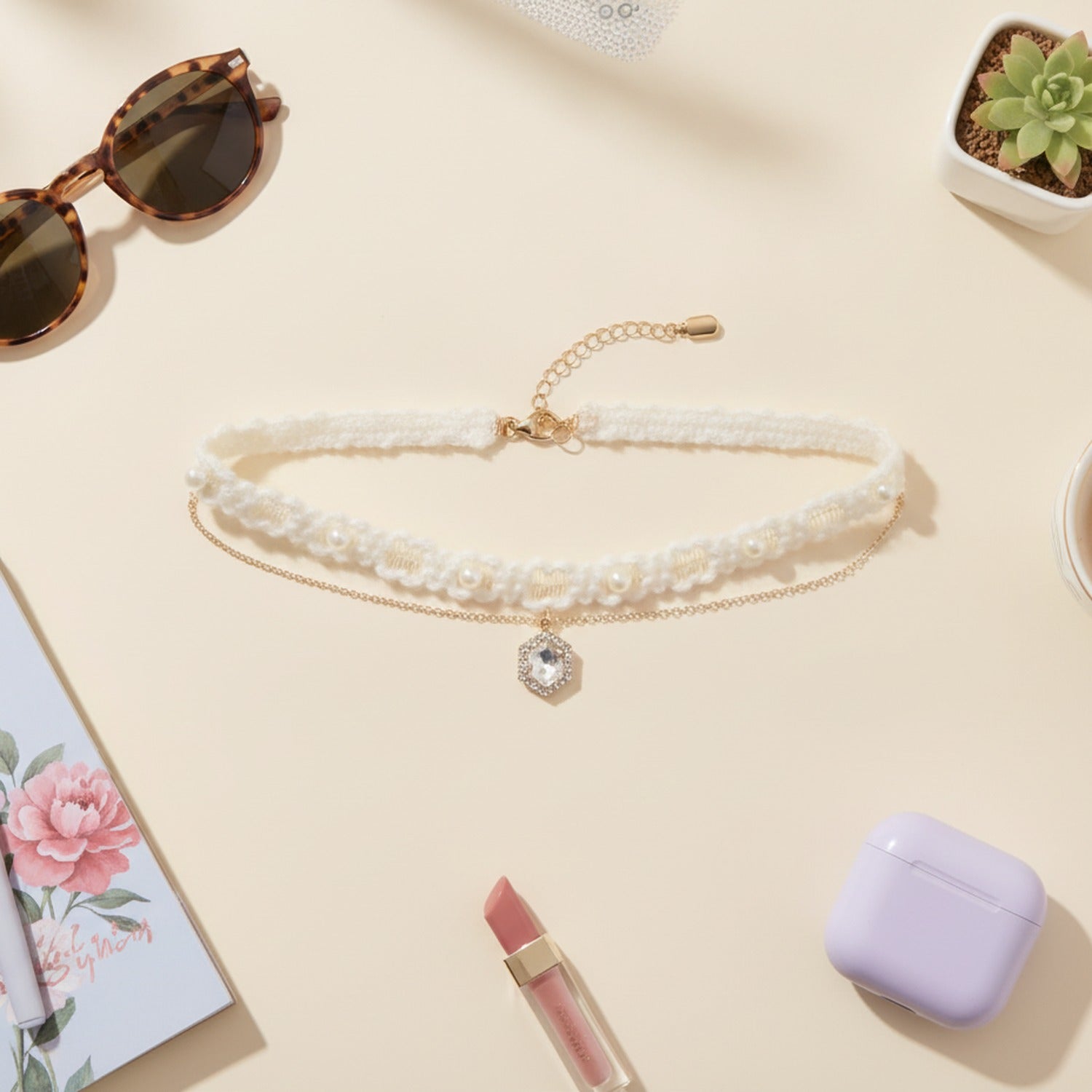 Black Fur Charm Necklace With Dangling Pendants - Cream Pearl Hexagon