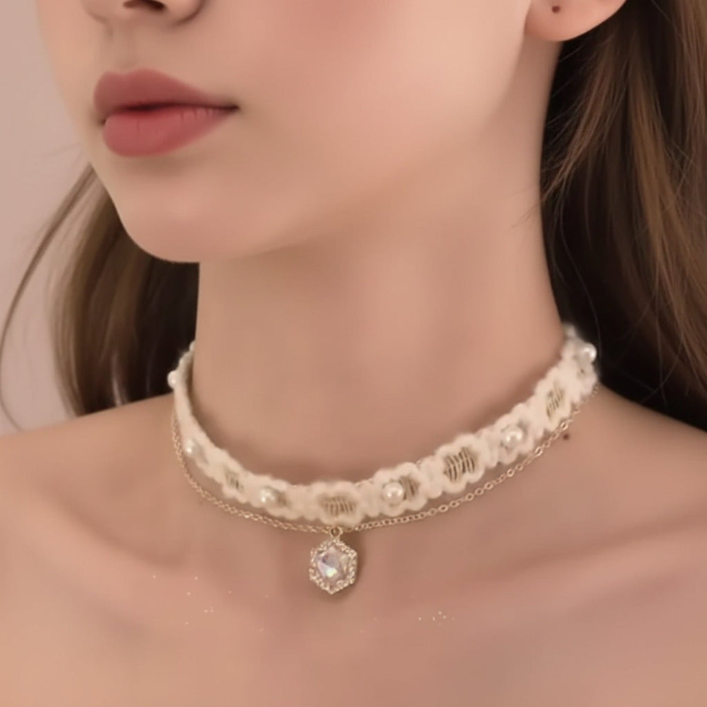Fur Charm Necklace With Dangling Pendants - Cream Pearl Hexagon