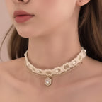 Fur Charm Necklace With Dangling Pendants - Cream Pearl Hexagon
