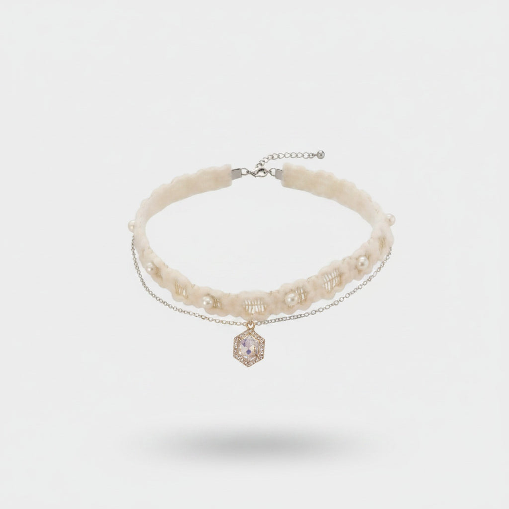 Fur Charm Necklace With Dangling Pendants - Cream Pearl Hexagon – jewelry (view 1)