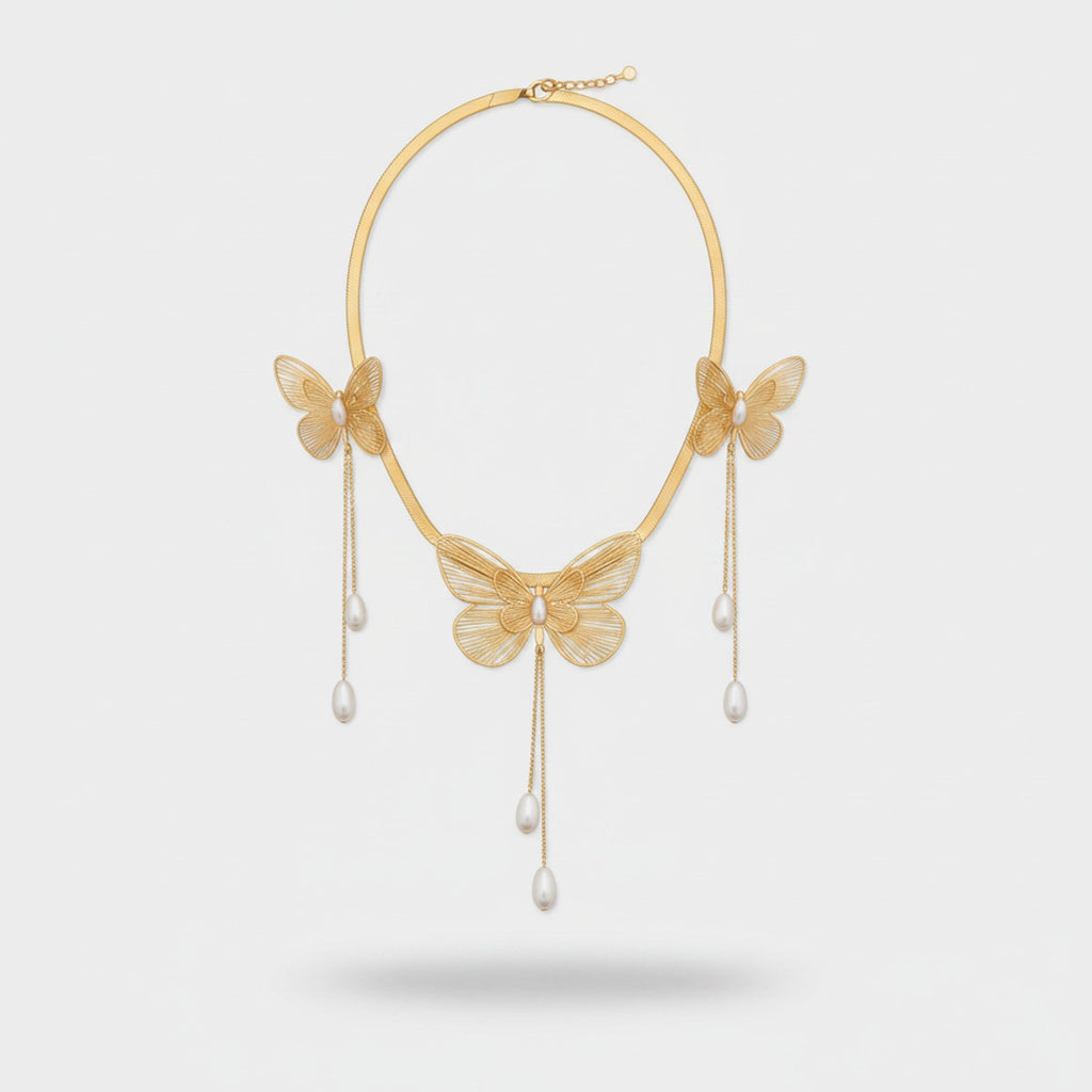 Butterfly Pearl Chain Necklace Set Gold