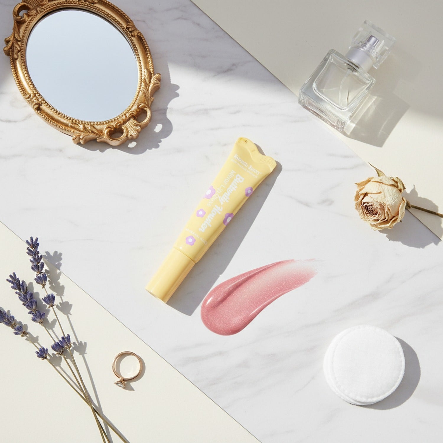 Yellow Lip Balm Tube With Purple Flower Details – Korean beauty tool (view 3)