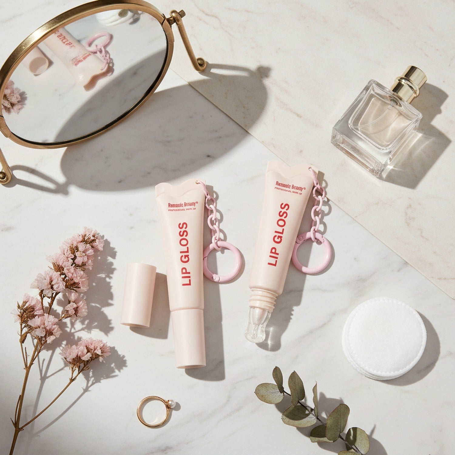 Pink Chain Lip Gloss Keychain Duo