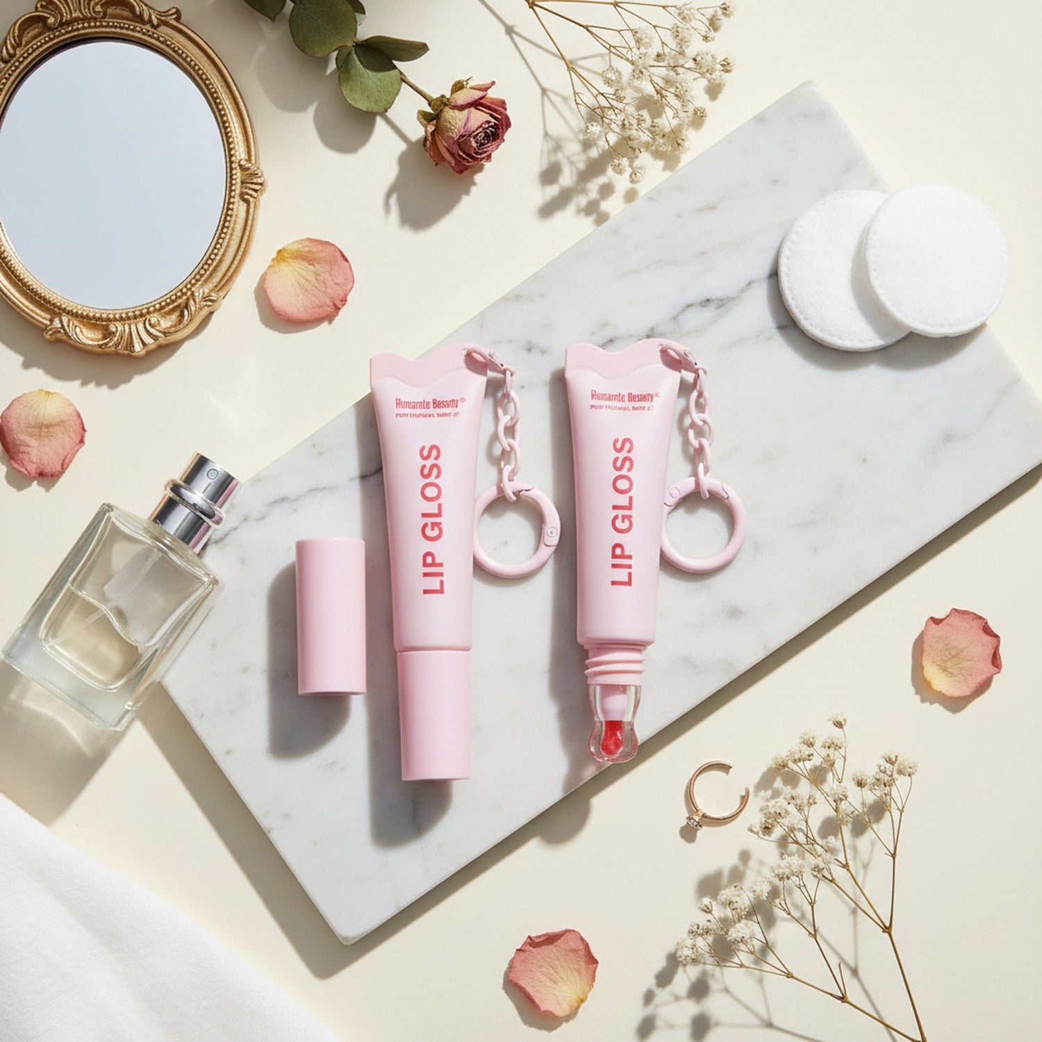 Pink Lip Gloss Tube With Chain Keychain
