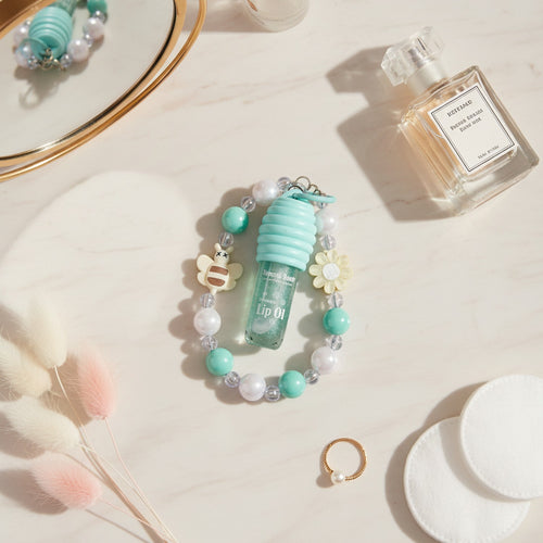 Beaded Lip Gloss Keychain With Flower Charm – Korean beauty tool (view 2)