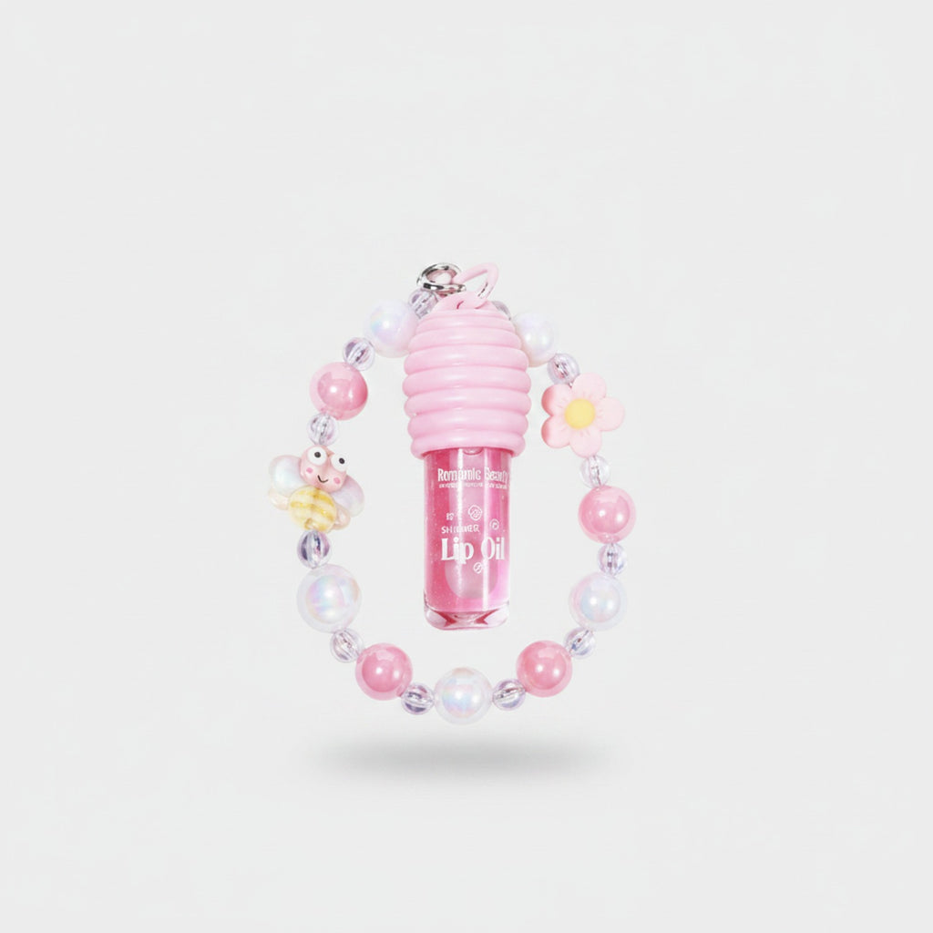 Pink Beaded Lip Oil Keychain With Flower Charm