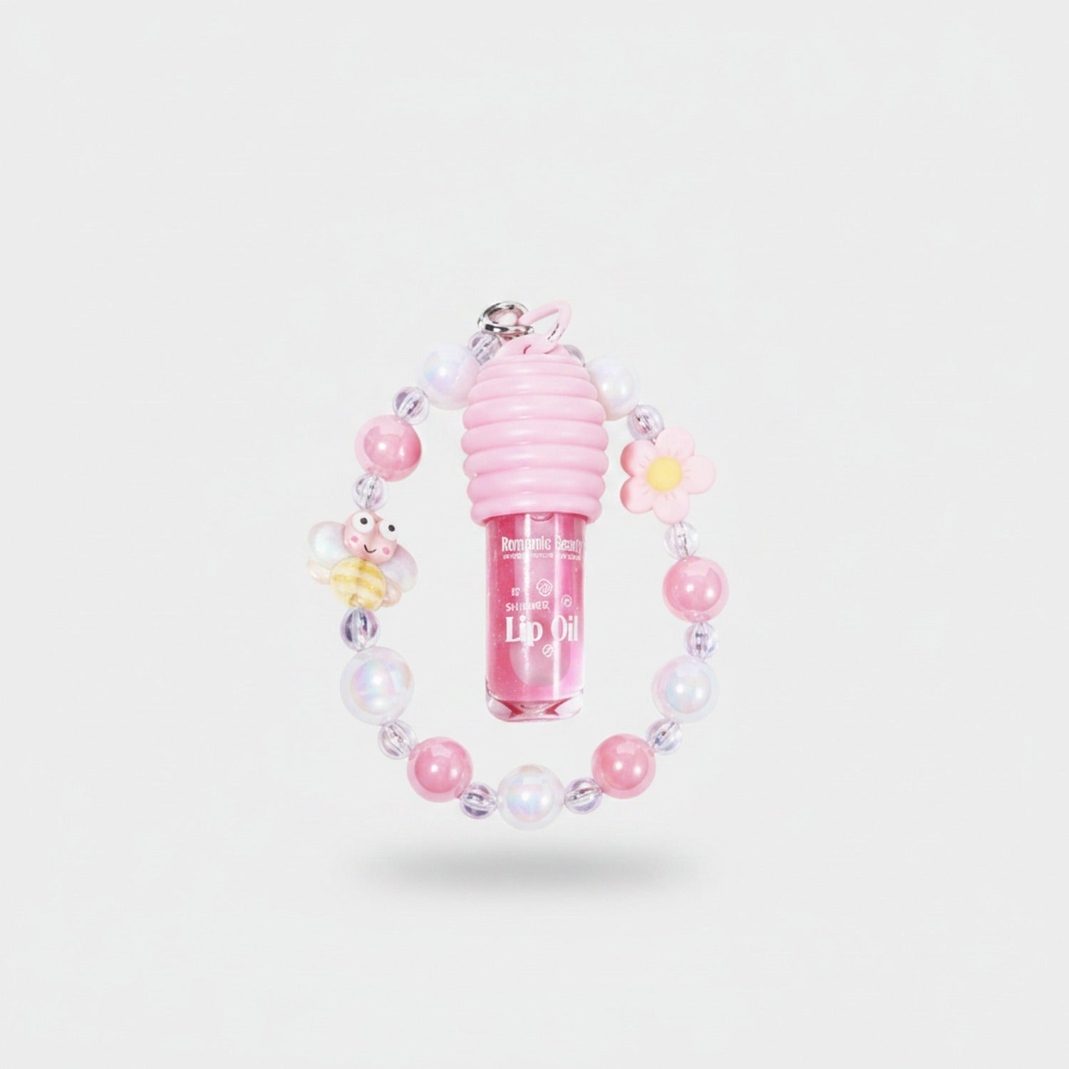 Pink Beaded Lip Oil Keychain With Flower Charm