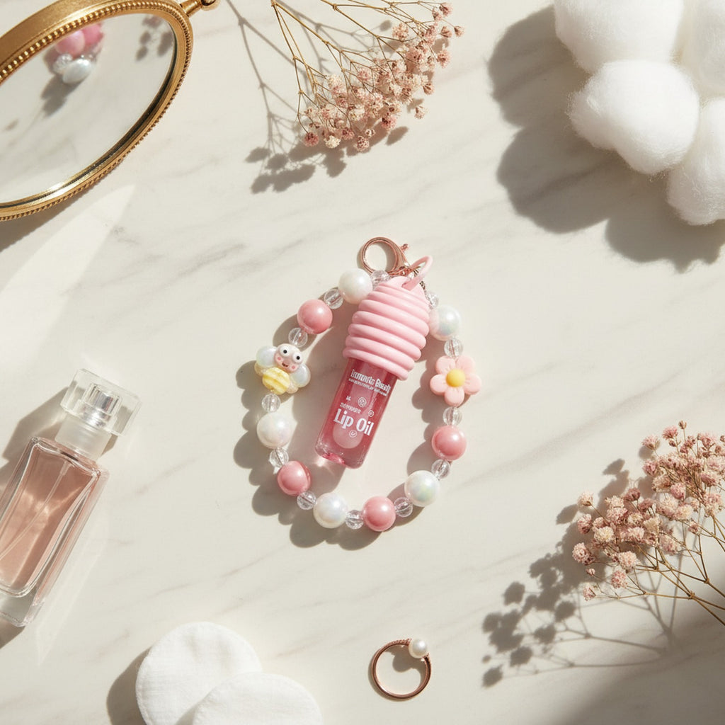 Pink Beaded Lip Oil Keychain With Flower Charm – Korean beauty tool (view 4)