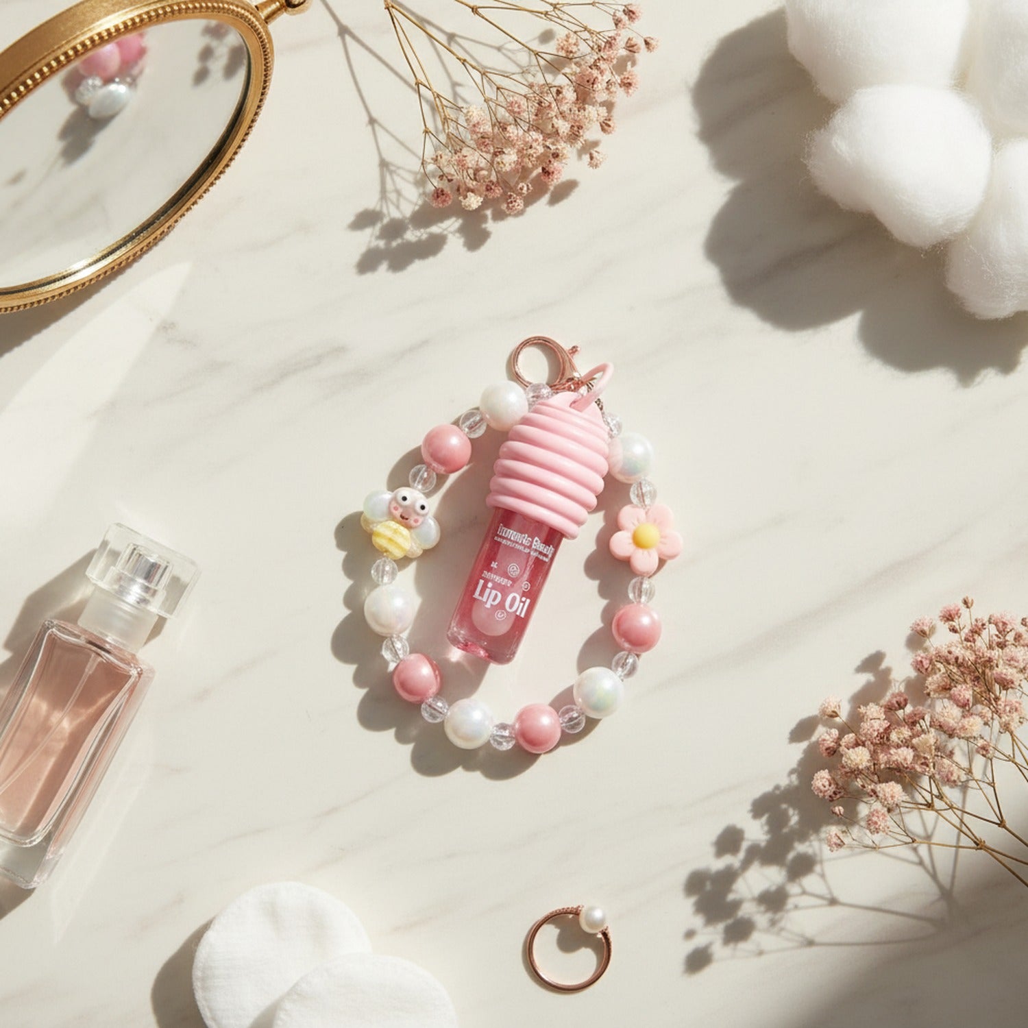 Pink Beaded Lip Oil Keychain With Flower Charm