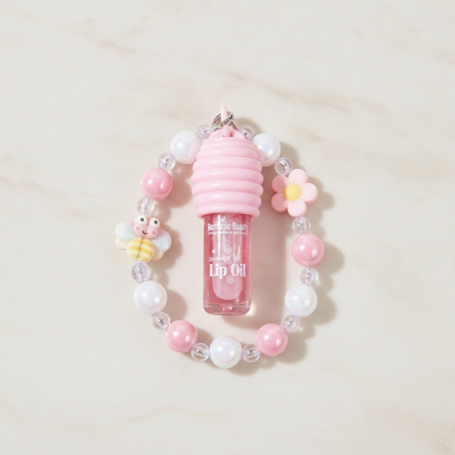 Pink Beaded Lip Oil Keychain With Flower Charm