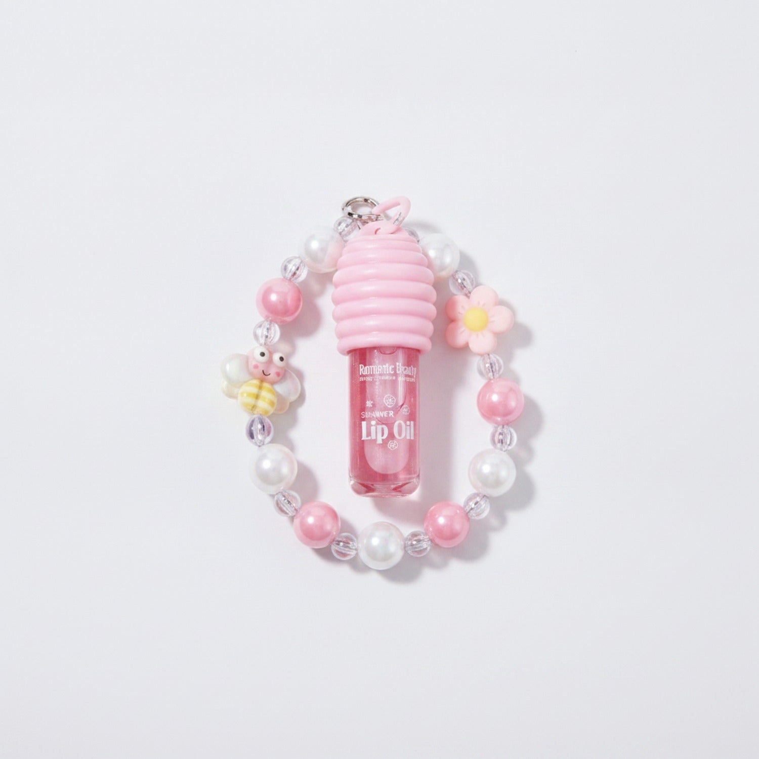 Pink Beaded Lip Oil Keychain With Flower Charm