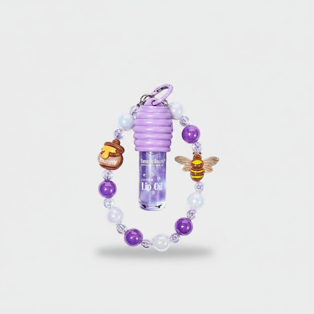 Purple Beaded Lip Oil Keychain With Bee Charm